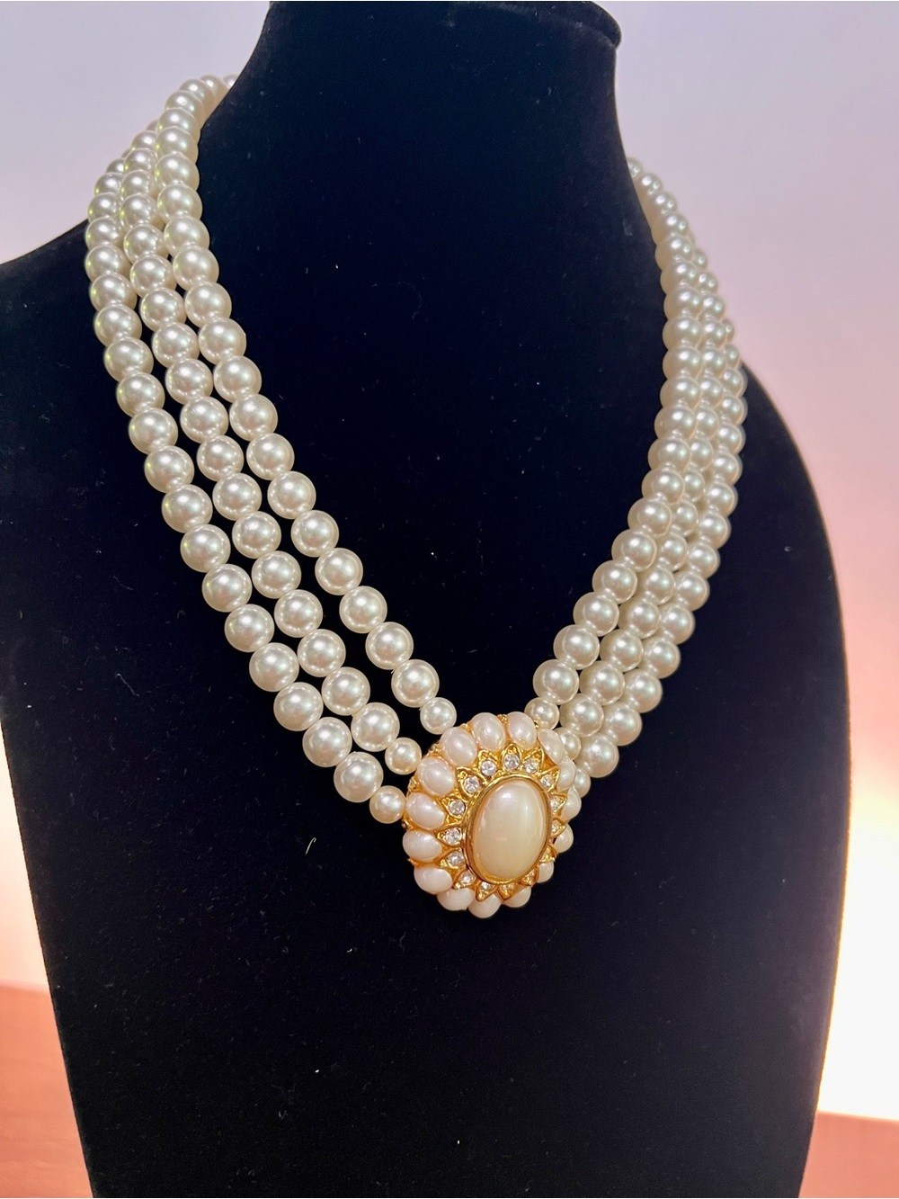 Vintage Triple-Strand Glass Pearl Necklace with Gold Centerpiece
